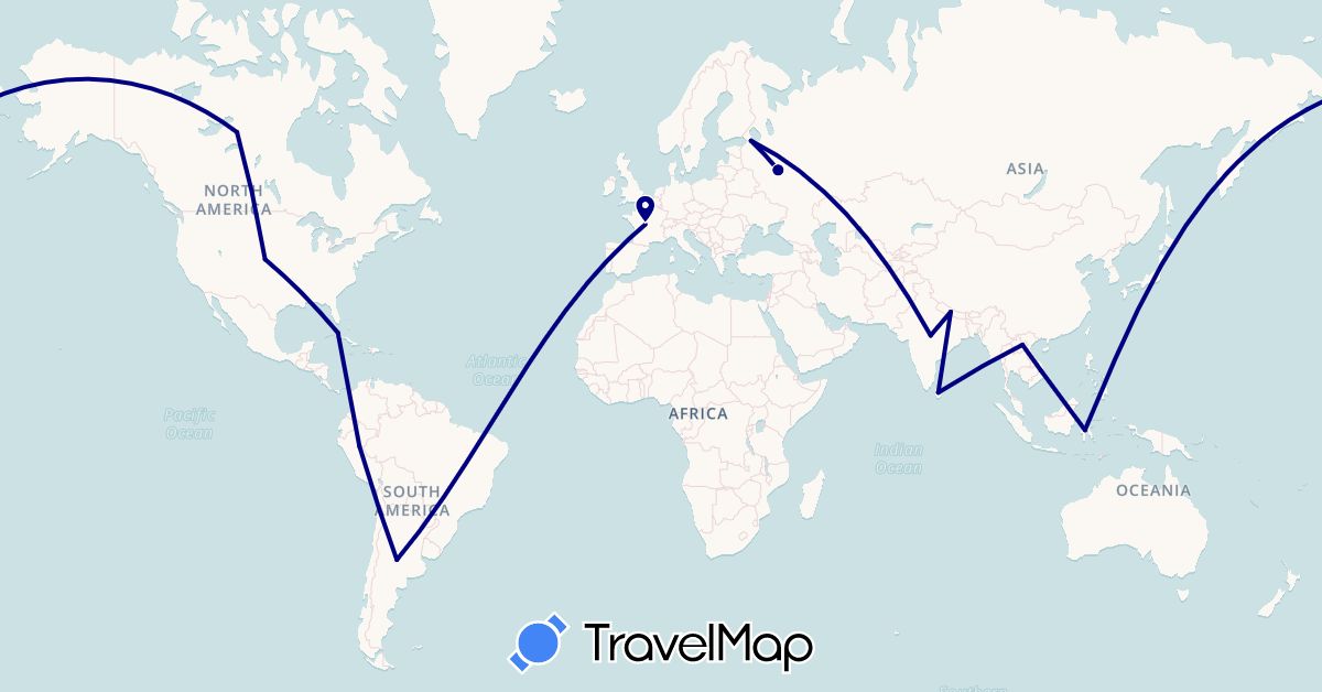 TravelMap itinerary: driving in Argentina, Canada, Cuba, France, Indonesia, India, Laos, Sri Lanka, Nepal, Peru, Russia, United States, Vietnam (Asia, Europe, North America, South America)